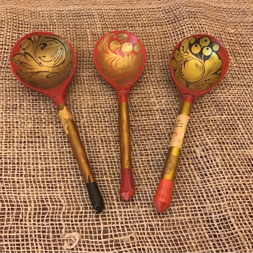 Vintage Russian Khokhloma folk Art wooden hand painted lacquer ware spoons.